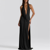 Deep V Halter Neck Condensed Back-exposed Irregular Dress