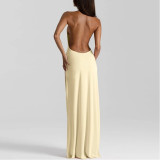 Deep V Halter Neck Condensed Back-exposed Irregular Dress
