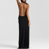 Deep V Halter Neck Condensed Back-exposed Irregular Dress