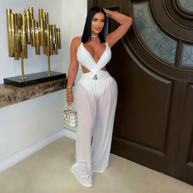 V-neck Lace-up Backless Perspective Sexy Jumpsuit