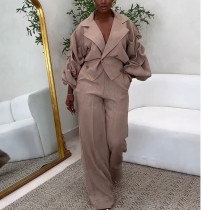 Casual Large Lapel Pleated Sleeves Trousers Two-piece Set