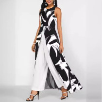 Spliced ​​chiffon Slim Round Neck Sleeveless Milk Silk Solid Color Jumpsuit