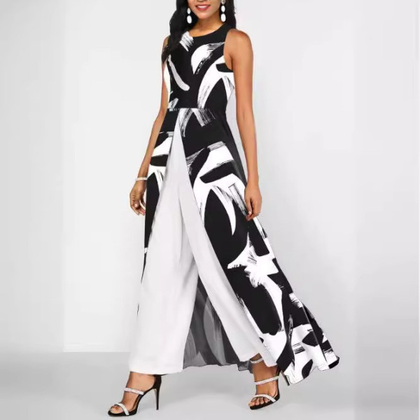 Spliced ​​chiffon Slim Round Neck Sleeveless Milk Silk Solid Color Jumpsuit