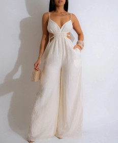 Solid Color Women's Wide-leg Jumpsuits with Back