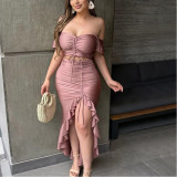 Strap-breasted One-shoulder Slit Irregular Ruffled Dress