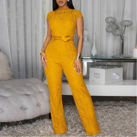 Round Neck Short-sleeved Lace Jumpsuit Wide-leg Pants Women's Solid Color Pants