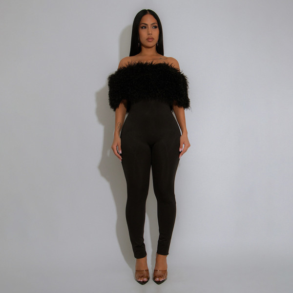 One-shoulder Fur Spliced ​​milk Silk Jumpsuit Slim Trousers
