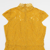 Round Neck Short-sleeved Lace Jumpsuit Wide-leg Pants Women's Solid Color Pants