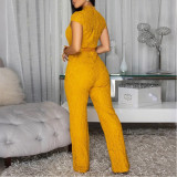 Round Neck Short-sleeved Lace Jumpsuit Wide-leg Pants Women's Solid Color Pants