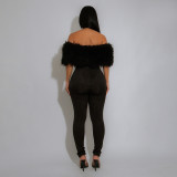 One-shoulder Fur Spliced ​​milk Silk Jumpsuit Slim Trousers