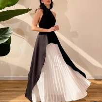 Two-piece Set of Sleeveless Black and White Color-blocking