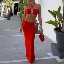 Solid Color Split Women's Swimsuit  Long Skirt