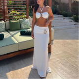 Solid Color Split Women's Swimsuit  Long Skirt