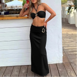Solid Color Split Women's Swimsuit  Long Skirt