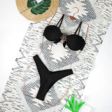 Solid Color Steel Support Gathered Split Women's Swimsuit