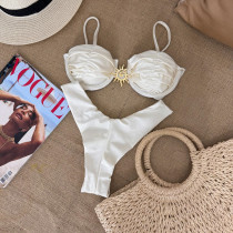 Solid Color Steel Support Gathered Split Women's Swimsuit