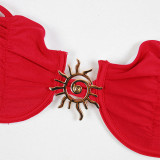 Solid Color Steel Support Gathered Split Women's Swimsuit