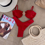 Solid Color Steel Support Gathered Split Women's Swimsuit