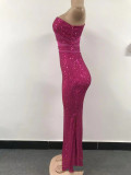 Perspective Mesh Sequins Sexy Backless Slit Off-shoulder Dress