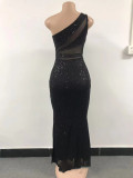 Perspective Mesh Sequins Sexy Backless Slit Off-shoulder Dress
