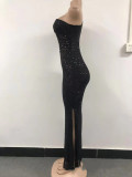 Perspective Mesh Sequins Sexy Backless Slit Off-shoulder Dress