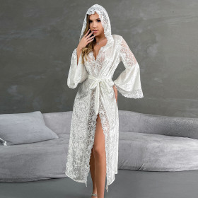 Sexy Lace Light Luxury Long-sleeved Velvet Hooded Nightgown Bathrobe Bathrobe Home Clothes