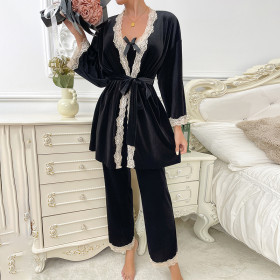 Velvet Lace Spliced ​​pajamas for Women Three-piece Suspender Nightgown Trousers Home Clothes Set