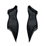 One-shoulder Hot Diamond Mesh Tempting Nightgown Tassel Irregular Perspective Home Clothing