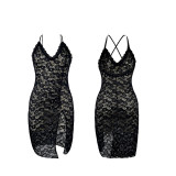 Lace Cross-backless Suspender Skirt Deep V-slit Pearl Home Pajamas