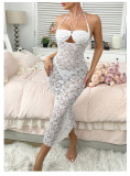 Lace Perspective Nightgown Suit Fur Decorative Cardigan Suspender Long Skirt Two-piece Set