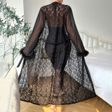 Lace Perspective Nightgown Suit Fur Decorative Cardigan Suspender Long Skirt Two-piece Set