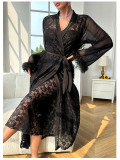 Lace Perspective Nightgown Suit Fur Decorative Cardigan Suspender Long Skirt Two-piece Set