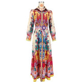Lapel Lantern Sleeve Waist-closing Ethnic Style Painted Style Printed Comfortable Casual Dress
