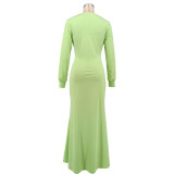 Deep V Long Sleeve Waist Pack Hip Slit Solid Color Dress