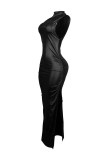 Leather Skirt with Hip-covered Long Skirt with Slit PU Dress