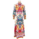 Lapel Lantern Sleeve Waist-closing Ethnic Style Painted Style Printed Comfortable Casual Dress