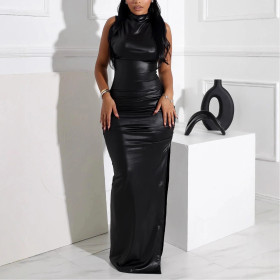 Leather Skirt with Hip-covered Long Skirt with Slit PU Dress