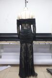 Lace Spliced ​​one-length Neck Shoulderless Long Sleeve Hip-covered Dress