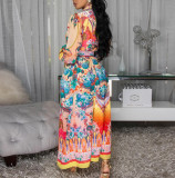 Lapel Lantern Sleeve Waist-closing Ethnic Style Painted Style Printed Comfortable Casual Dress