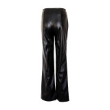 Cool PU Lace-up High-waisted Split Leather Pants