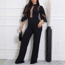 Mesh Splicing Tie Wide-leg Jumpsuit