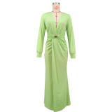 Deep V Long Sleeve Waist Pack Hip Slit Solid Color Dress