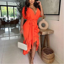 Deep V Forest Solid Color Irregular Lace-up Dress Loose Sleeves