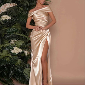 Mercerated One-shoulder Dress Slit Dress