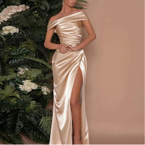 Mercerated One-shoulder Dress Slit Dress