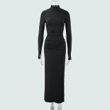 Stand-collar Long Sleeve Condensed Sexy Slit Hip-pack Dress