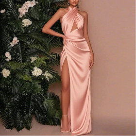 Crossed Halter Neck Sexy Hollow Slit Dress