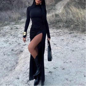 Stand-collar Long Sleeve Condensed Sexy Slit Hip-pack Dress