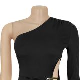 Slim-fit Solid Color Dress with Off-shoulder Single-sleeved