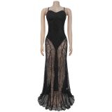 Sexy Suspender Lace Perspective Dress